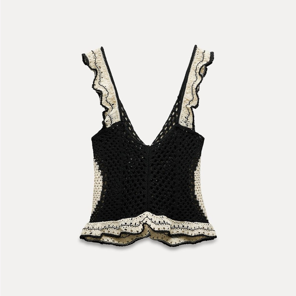 NWT Zara Pointelle Ruffled Knit Top - Picture 7 of 11